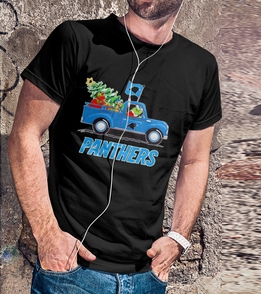 Grinch In Blue Christmas Truck With Carolina Panthers Logo And Tree T-Shirt