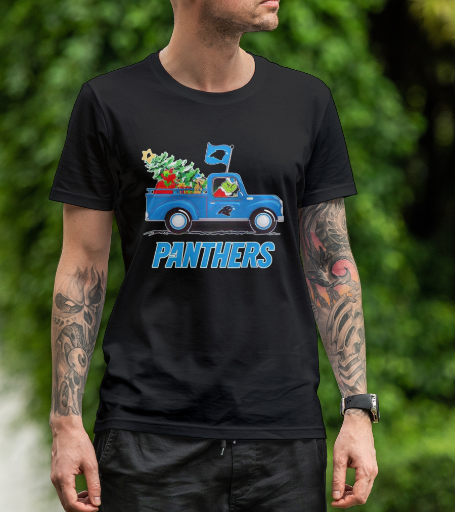 Grinch In Blue Christmas Truck With Carolina Panthers Logo And Tree T-Shirt