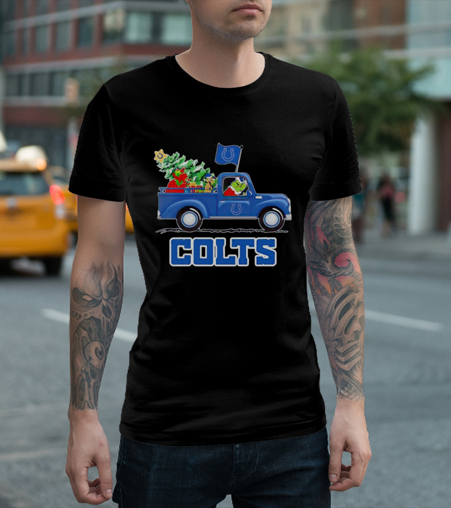 Grinch Driving Christmas Truck with Indianapolis Colts Logo and Tree T-Shirt