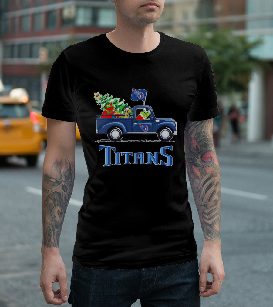 Grinch Driving Christmas Tree Truck Tennessee Titans Holiday Spirit T-Shirt