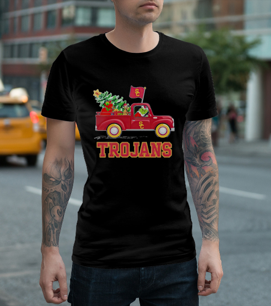 Grinch Driving Red Truck with Christmas Tree USC Trojans T-Shirt