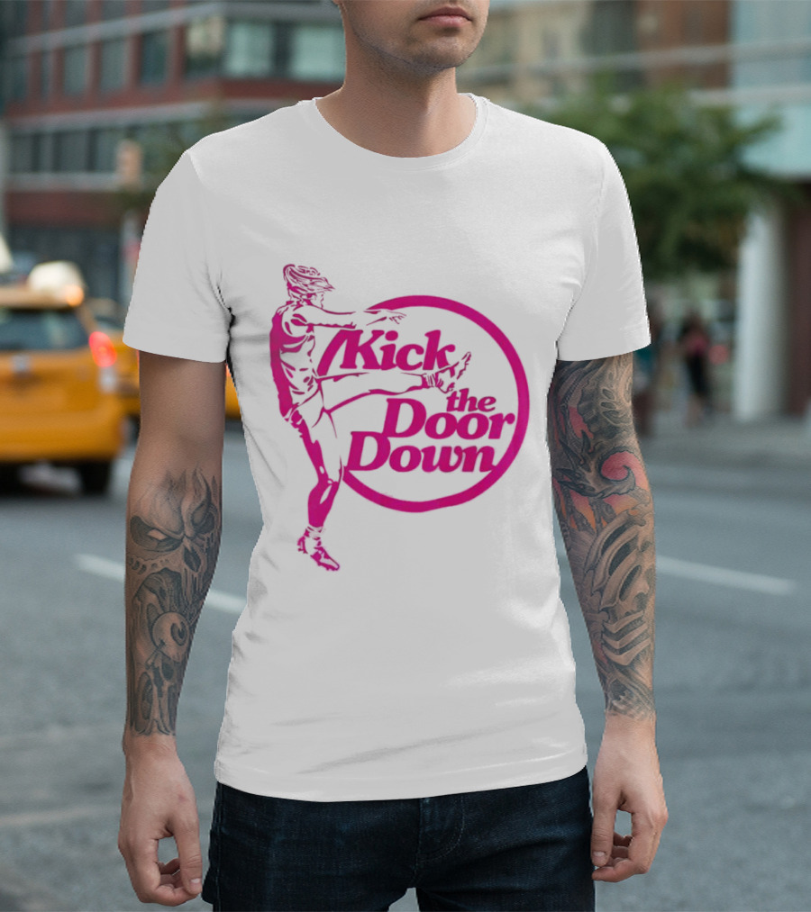Kick The Door Down Pink Circle Footballer Kicker T-Shirt
