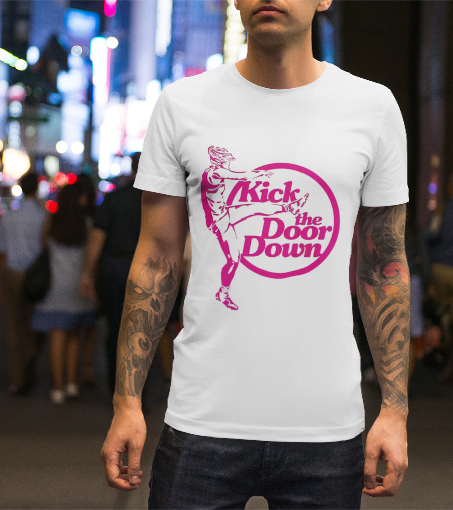 Kick The Door Down Pink Circle Footballer Kicker T-Shirt