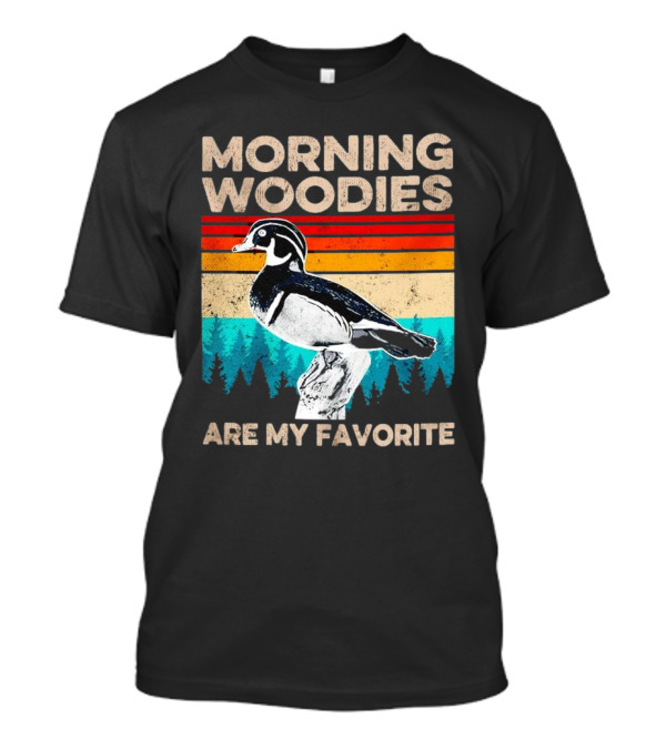 Morning Woodies Are My Favorite Vintage Duck Silhouette Retro Stripes Forest Pines T-Shirt