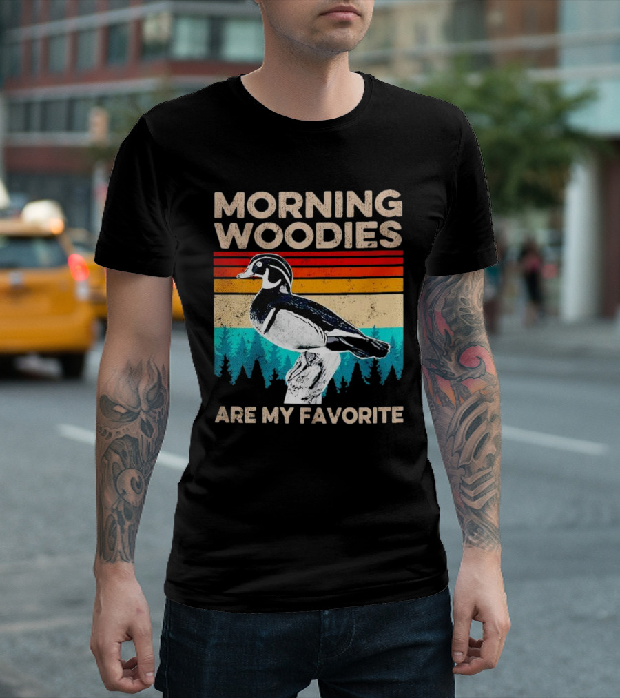 Morning Woodies Are My Favorite Vintage Duck Silhouette Retro Stripes Forest Pines T-Shirt