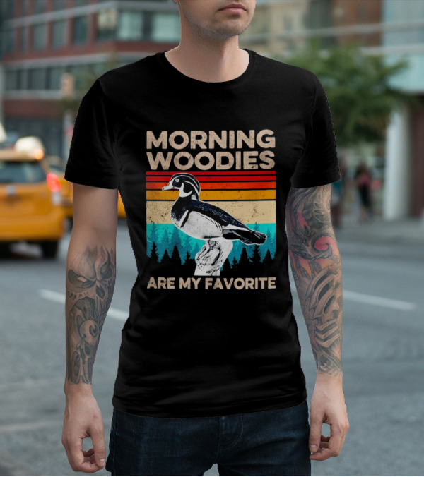 Morning Woodies Are My Favorite Vintage Duck Silhouette Retro Stripes Forest Pines T-Shirt