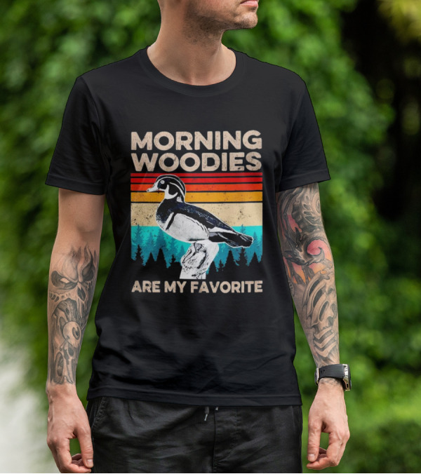 Morning Woodies Are My Favorite Vintage Duck Silhouette Retro Stripes Forest Pines T-Shirt