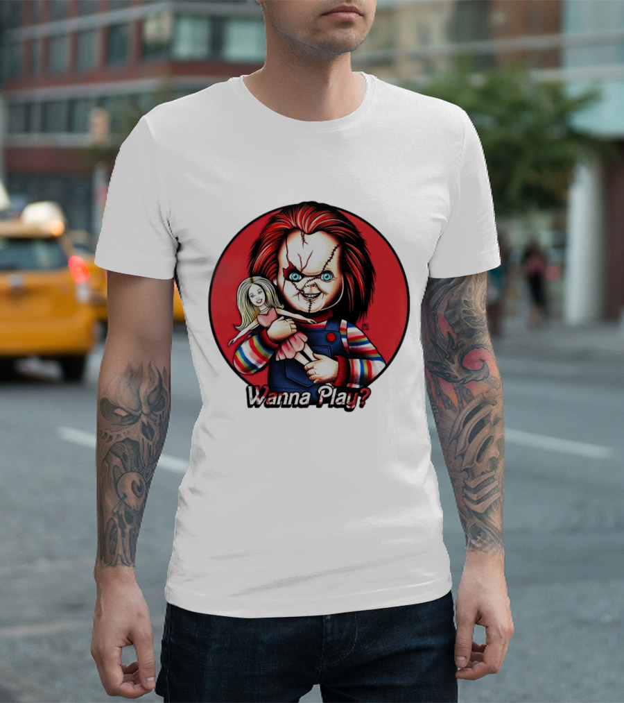 Chucky Holding Doll with Wanna Play? Text in Red Circle T-Shirt