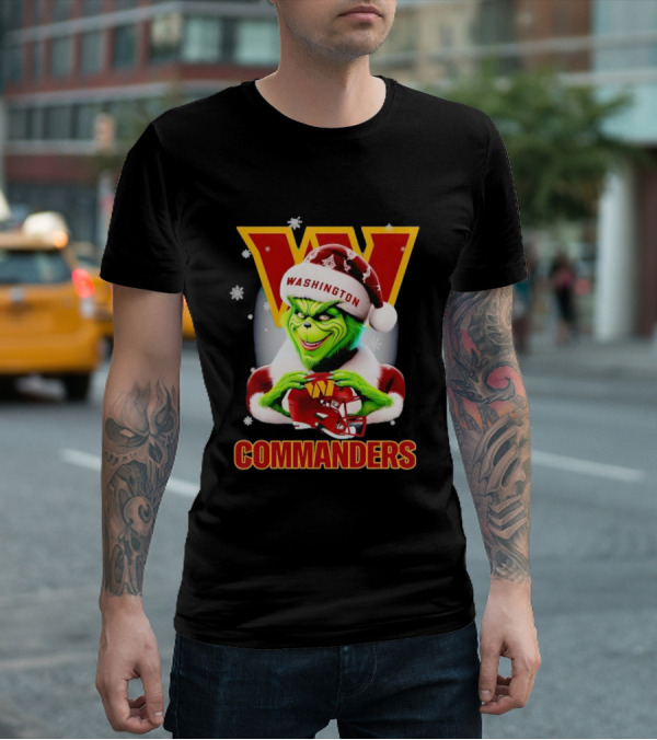 Washington Commanders Christmas Grinch In Santa Hat With Helmet T-Shirt