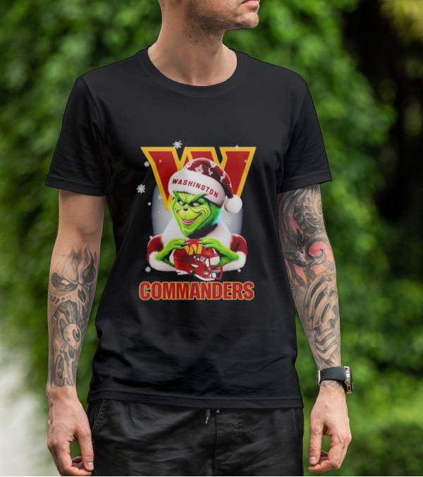 Washington Commanders Christmas Grinch In Santa Hat With Helmet T-Shirt