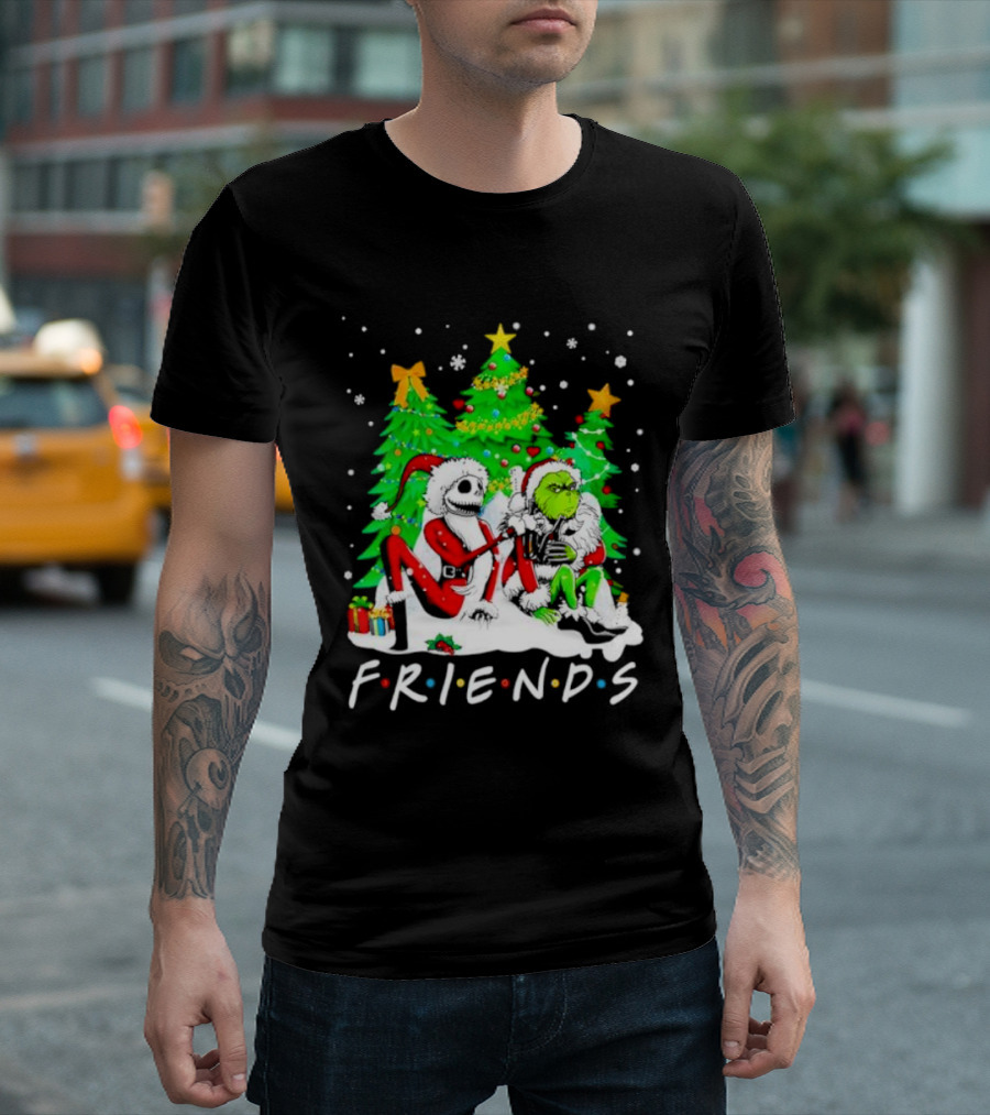 Friends Jack Skellington and Grinch Christmas Scene with Santa Outfits and Christmas Trees T-Shirt