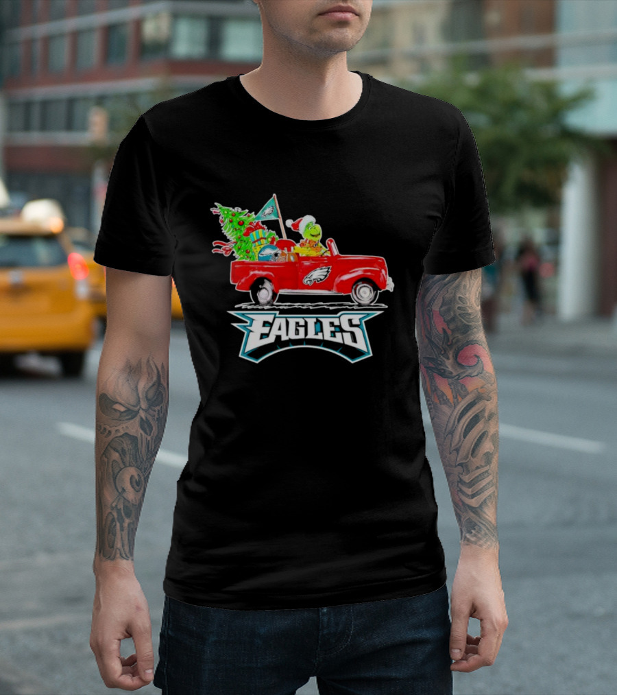 Grinch Dog Driving Red Truck Philadelphia Eagles Christmas Tree T-Shirt