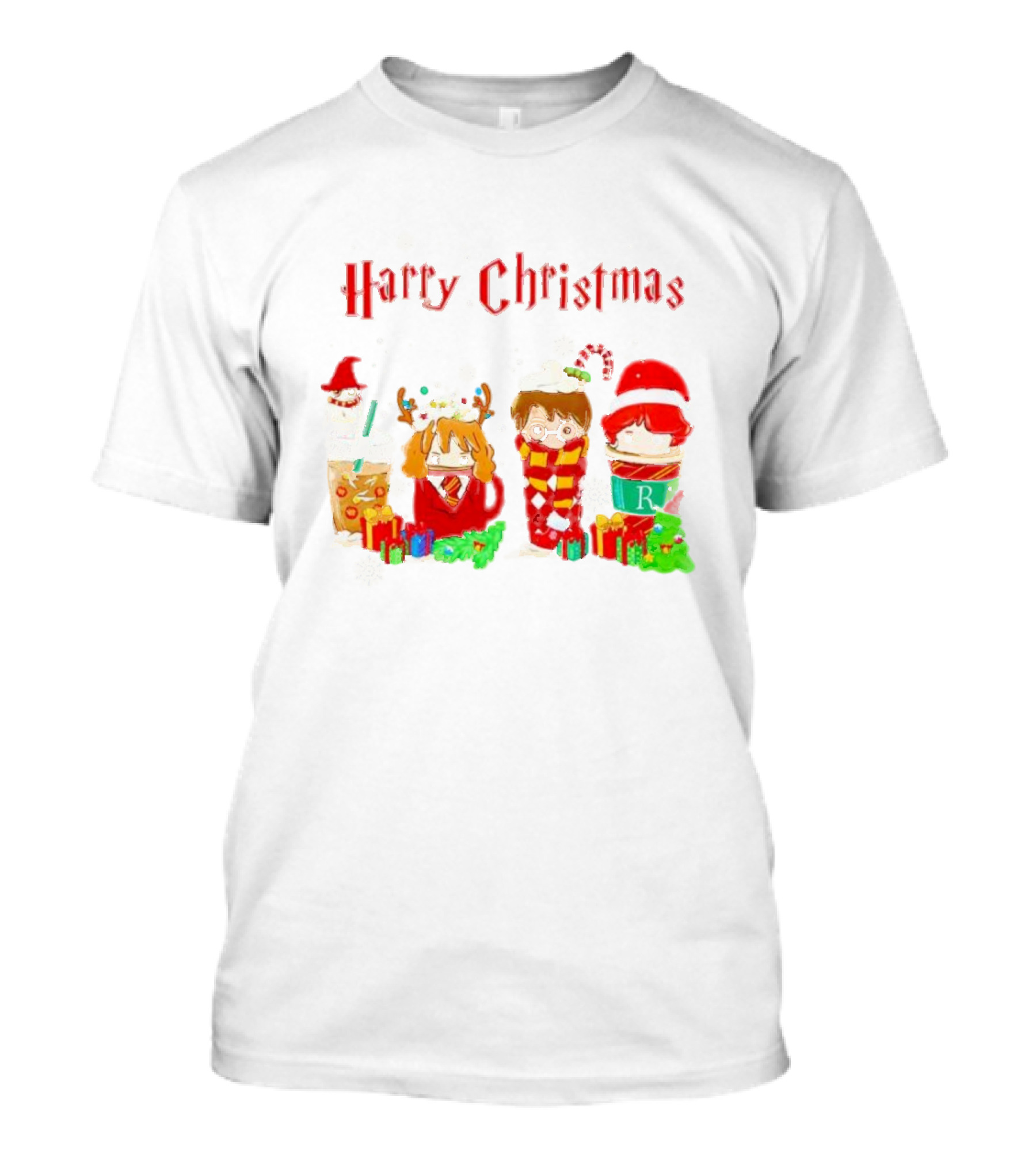 Harry Christmas Chibi Coffee Characters Festive Winter Scene T-Shirt