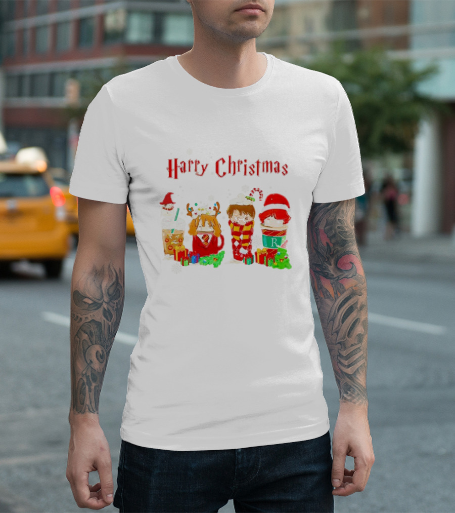 Harry Christmas Chibi Coffee Characters Festive Winter Scene T-Shirt