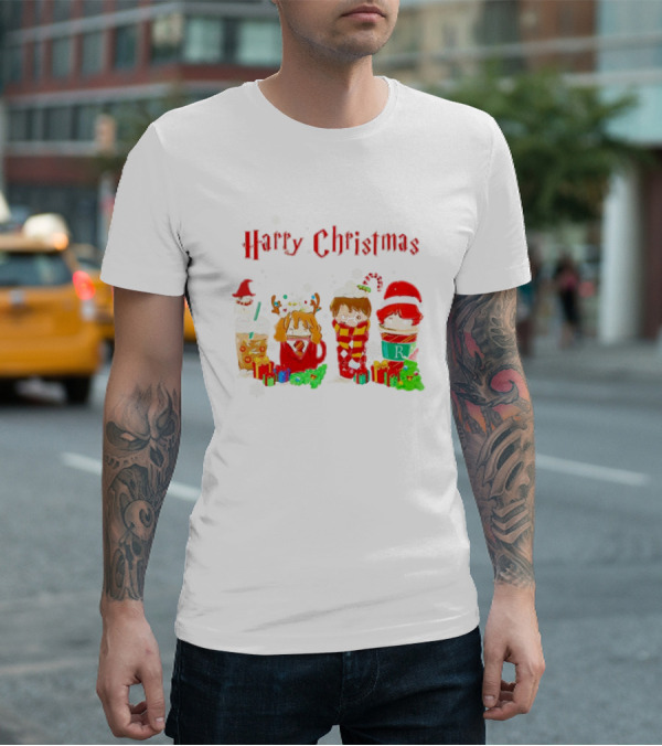 Harry Christmas Chibi Coffee Characters Festive Winter Scene T-Shirt