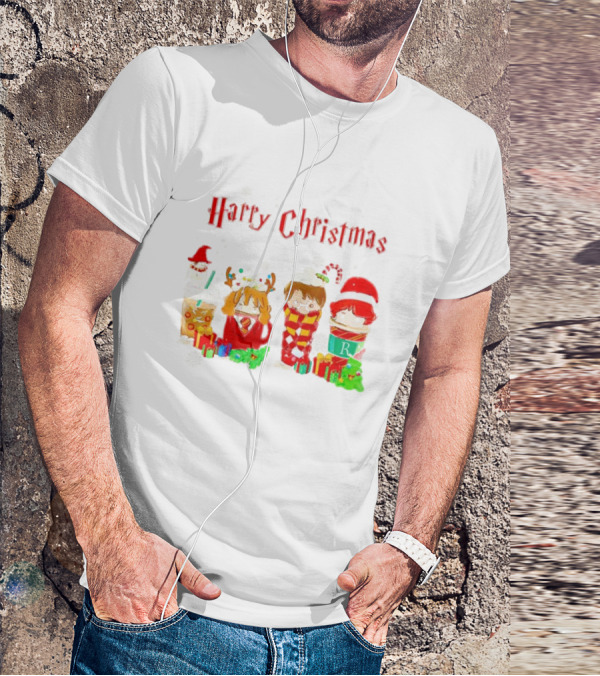 Harry Christmas Chibi Coffee Characters Festive Winter Scene T-Shirt