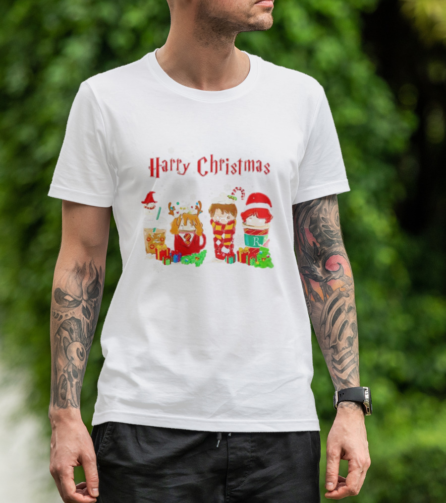 Harry Christmas Chibi Coffee Characters Festive Winter Scene T-Shirt