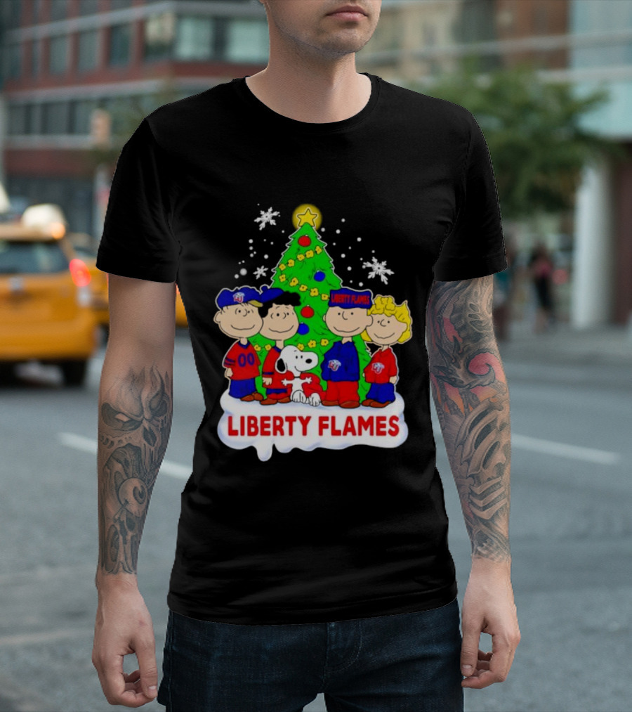 Liberty Flames Peanuts Characters Christmas Tree Snoopy Charlie Brown T-Shirt
