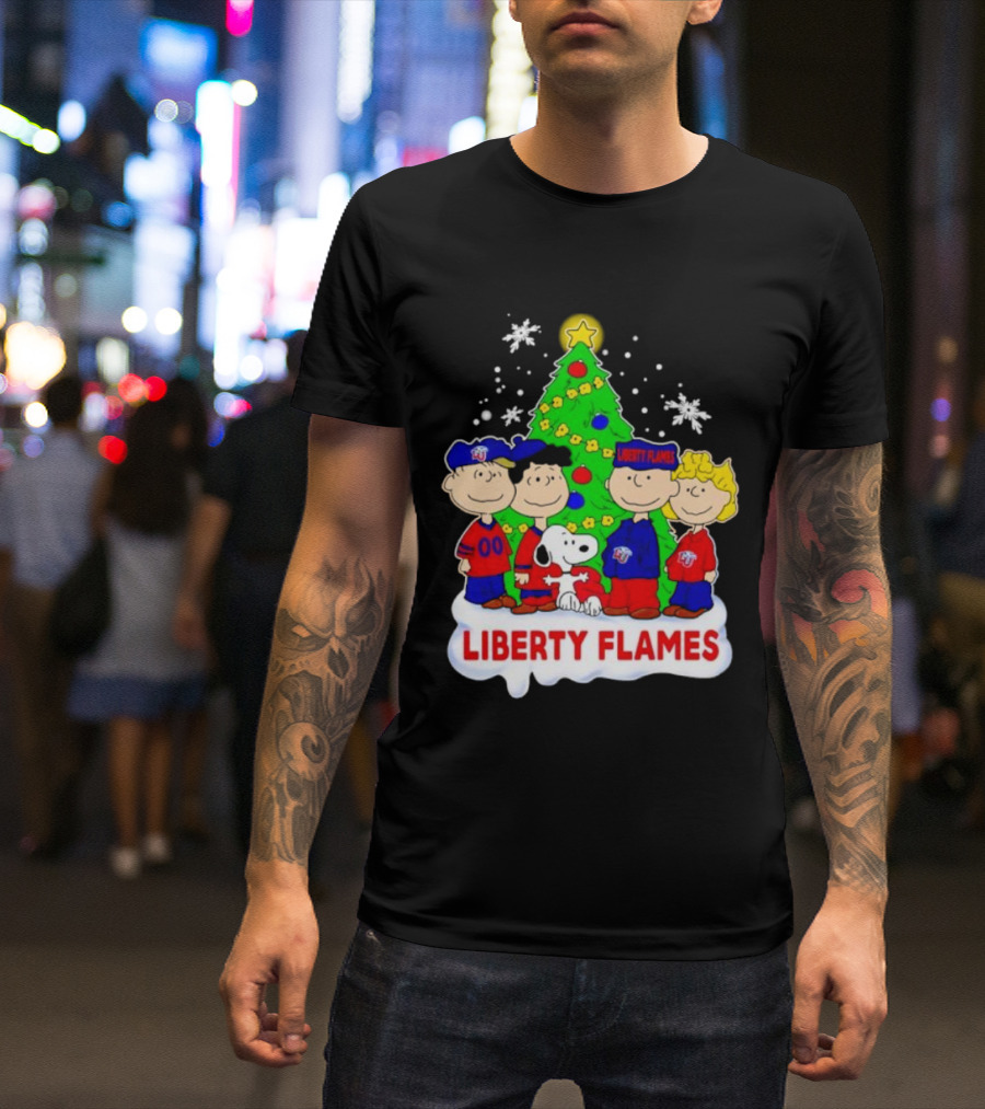 Liberty Flames Peanuts Characters Christmas Tree Snoopy Charlie Brown T-Shirt