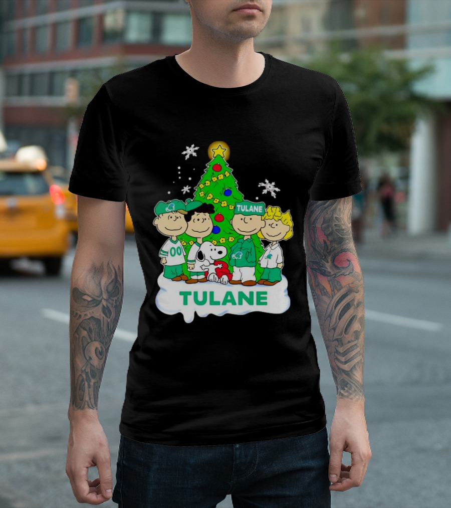 Peanuts Characters Tulane Green Wave Christmas Tree Snoopy Snowflakes T-Shirt