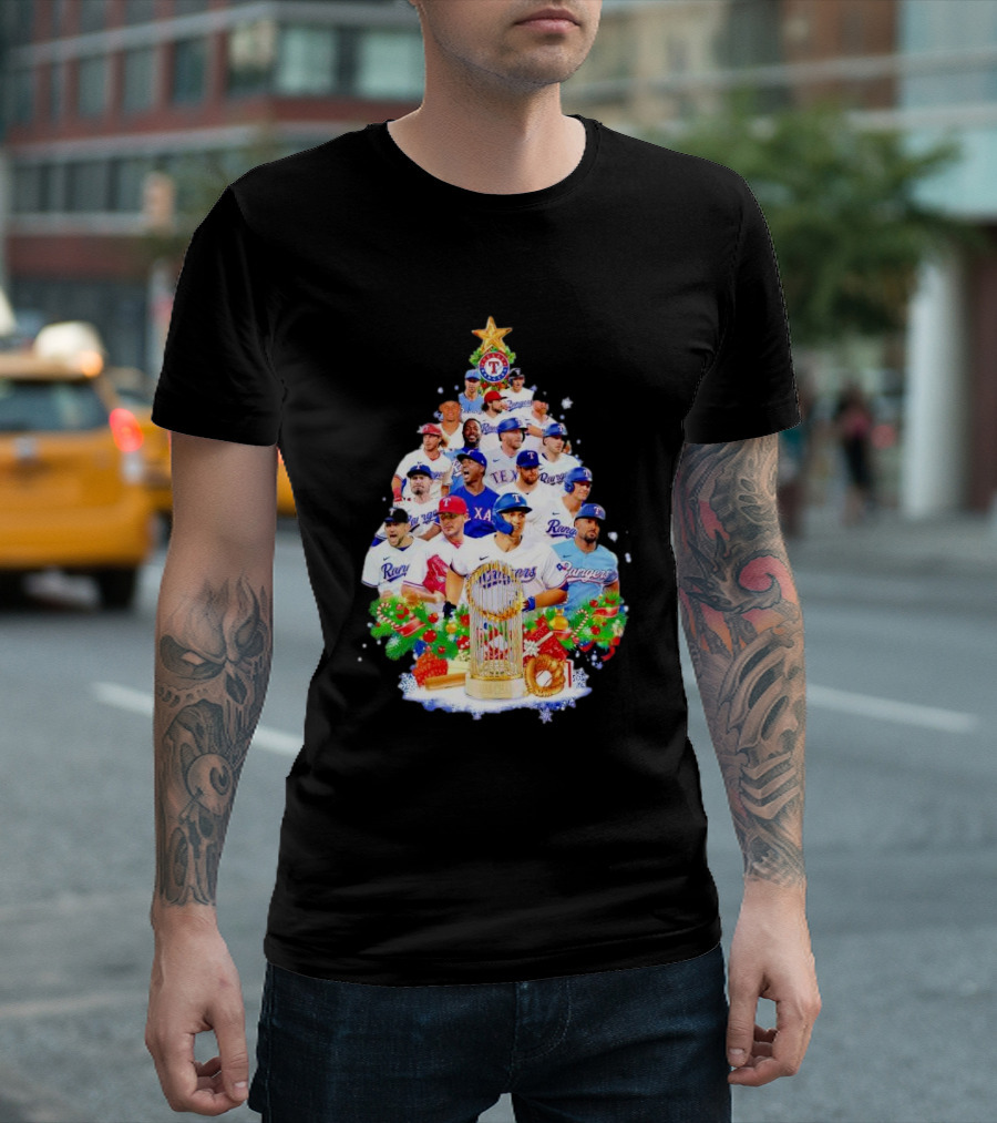 Texas Rangers Players Christmas Tree With Trophy And Ornaments T-Shirt