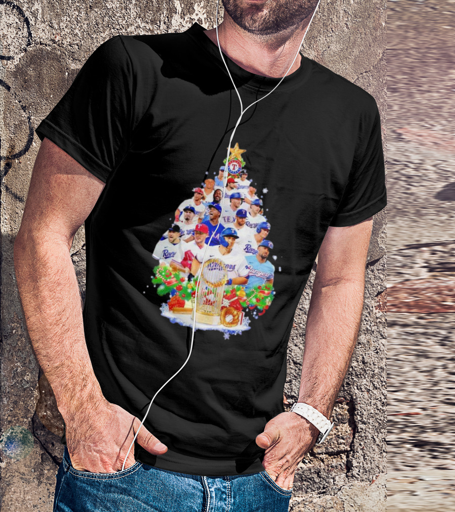 Texas Rangers Players Christmas Tree With Trophy And Ornaments T-Shirt