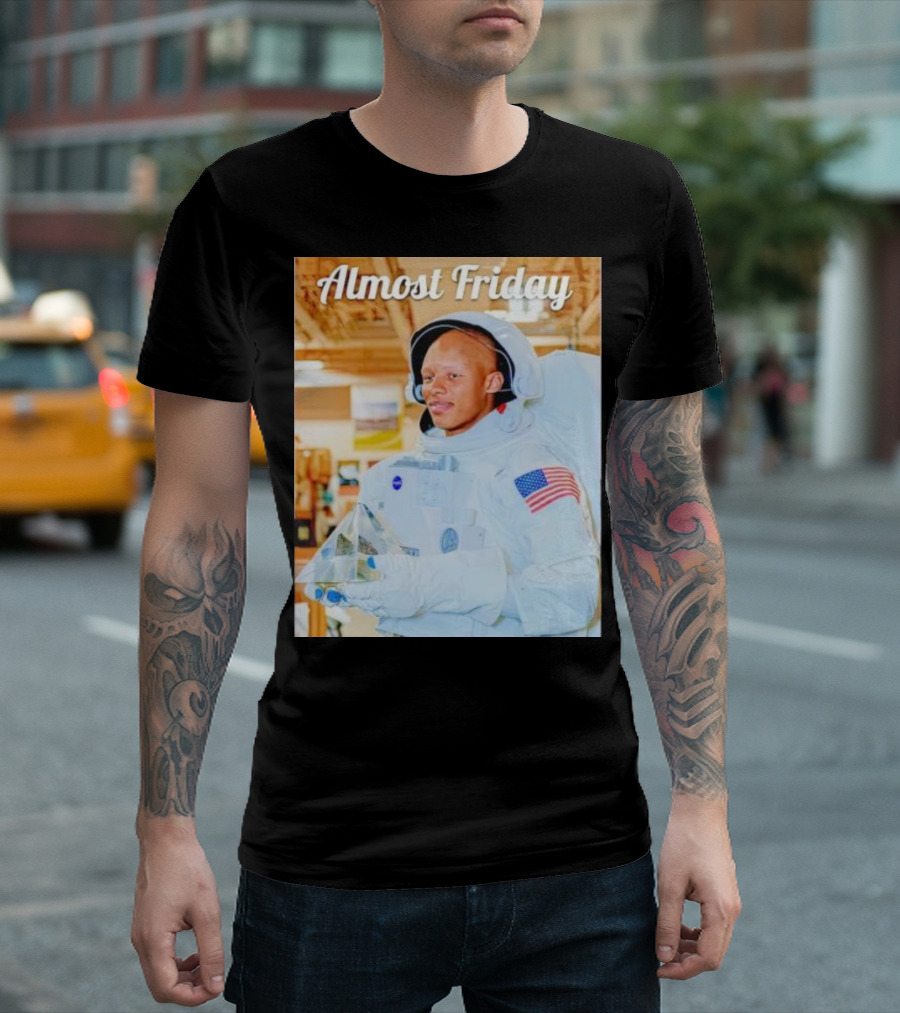 Almost Friday Astronaut Holding Crystal Model in NASA Spacesuit with American Flag Patch T-Shirt