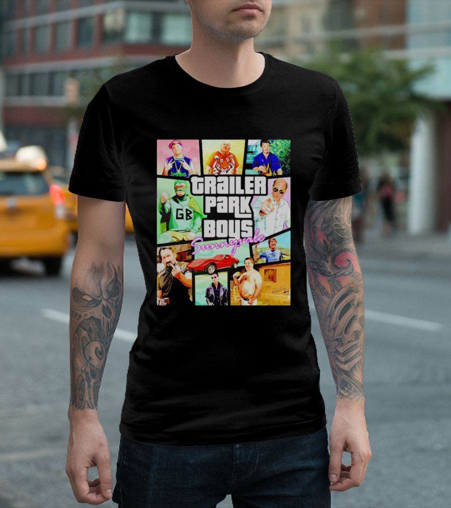 Trailer Park Boys Sunnyvale Collage of Characters and Car in Vibrant Colors T-Shirt