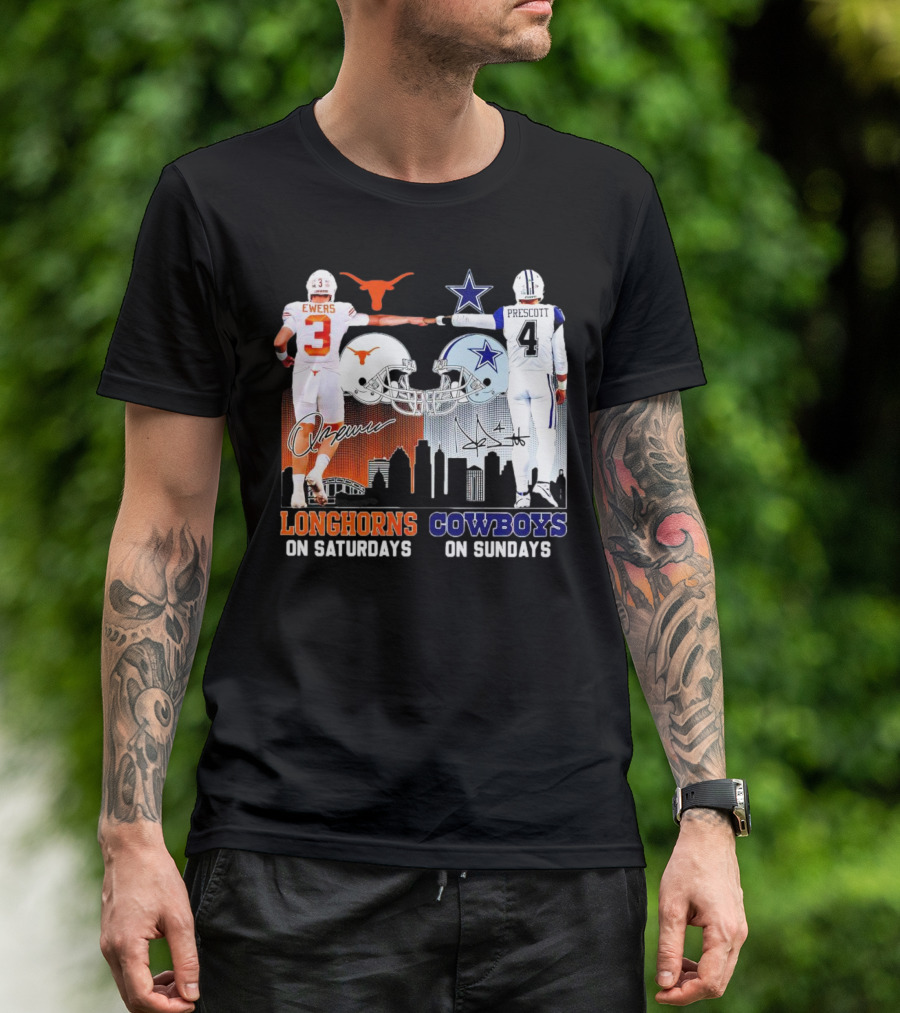 Ewers Longhorns On Saturdays Prescott Cowboys On Sundays Football Helms And Skyline T-Shirt
