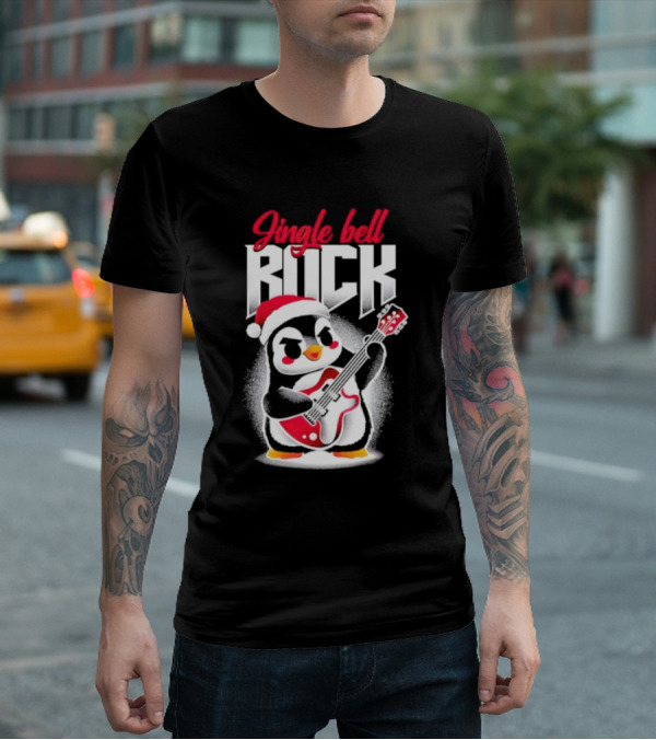 Jingle Bell Rock Penguin Playing Christmas Guitar In Santa Hat T-Shirt