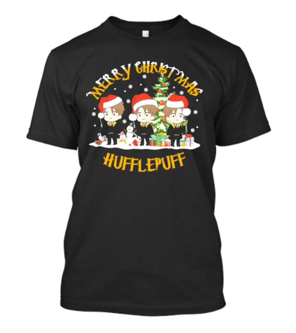 Merry Christmas Hufflepuff Characters With Santa Hats And Christmas Tree T-Shirt