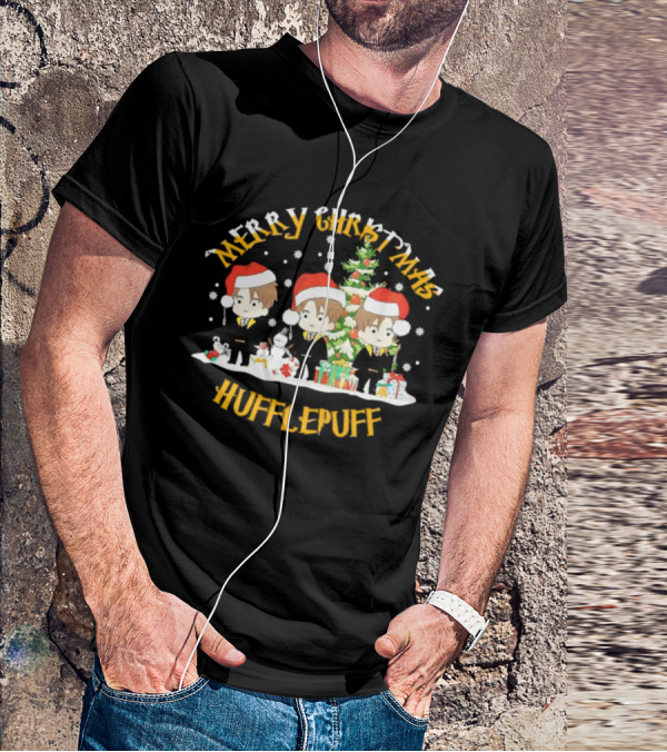 Merry Christmas Hufflepuff Characters With Santa Hats And Christmas Tree T-Shirt