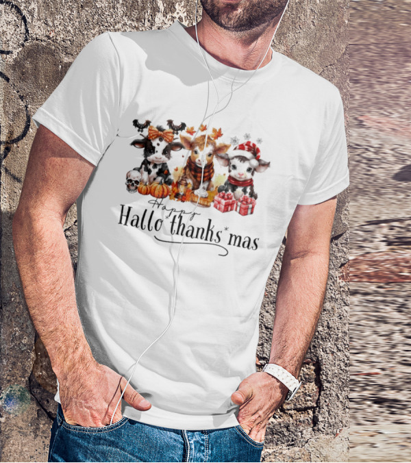Happy HalloThanksMas Baby Cows With Pumpkins And Gifts T-Shirt