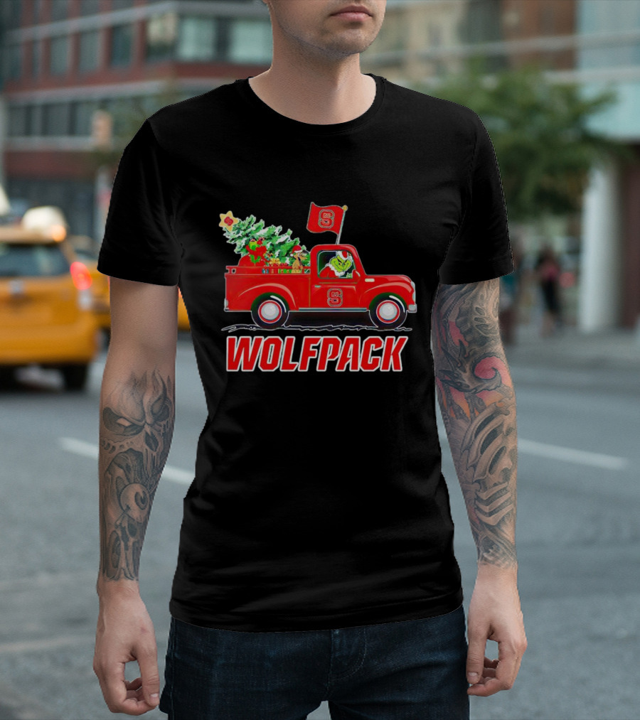 Grinch Driving NC State Wolfpack Christmas Truck with Tree and Flag T-Shirt