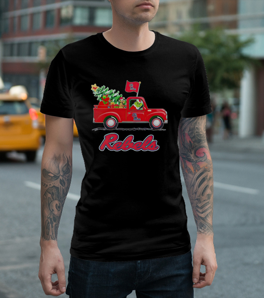Ole Miss Rebels Grinch Driving Christmas Truck with Tree and Gifts T-Shirt