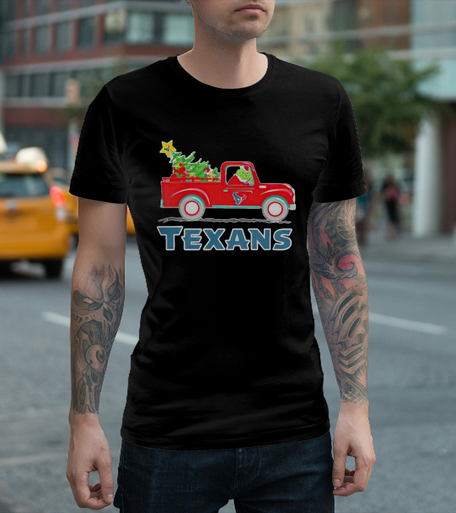 Grinch Driving Red Christmas Truck With Houston Texans T-Shirt