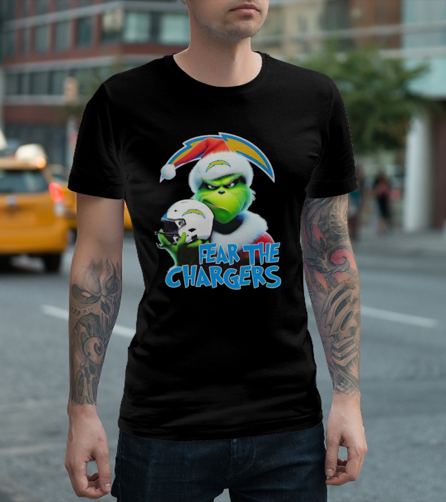 Grinch Santa Holding Los Angeles Chargers Helmet Fear The Chargers T-Shirt