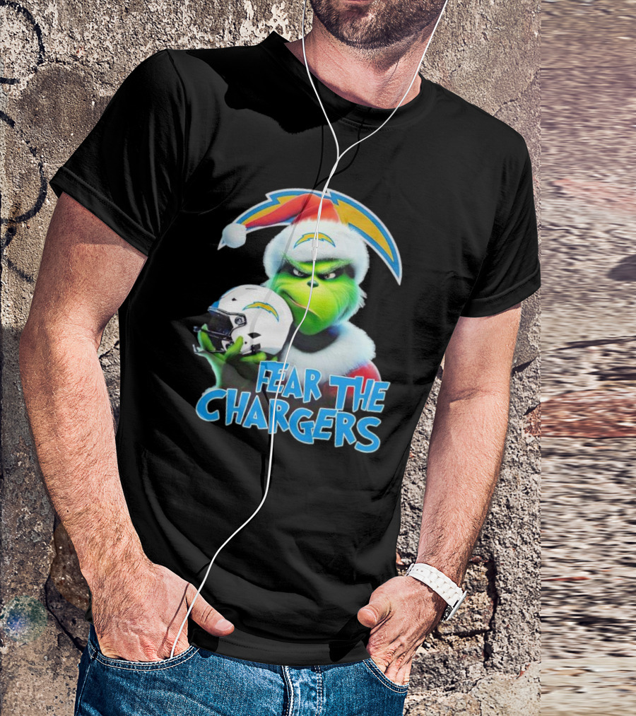 Grinch Santa Holding Los Angeles Chargers Helmet Fear The Chargers T-Shirt