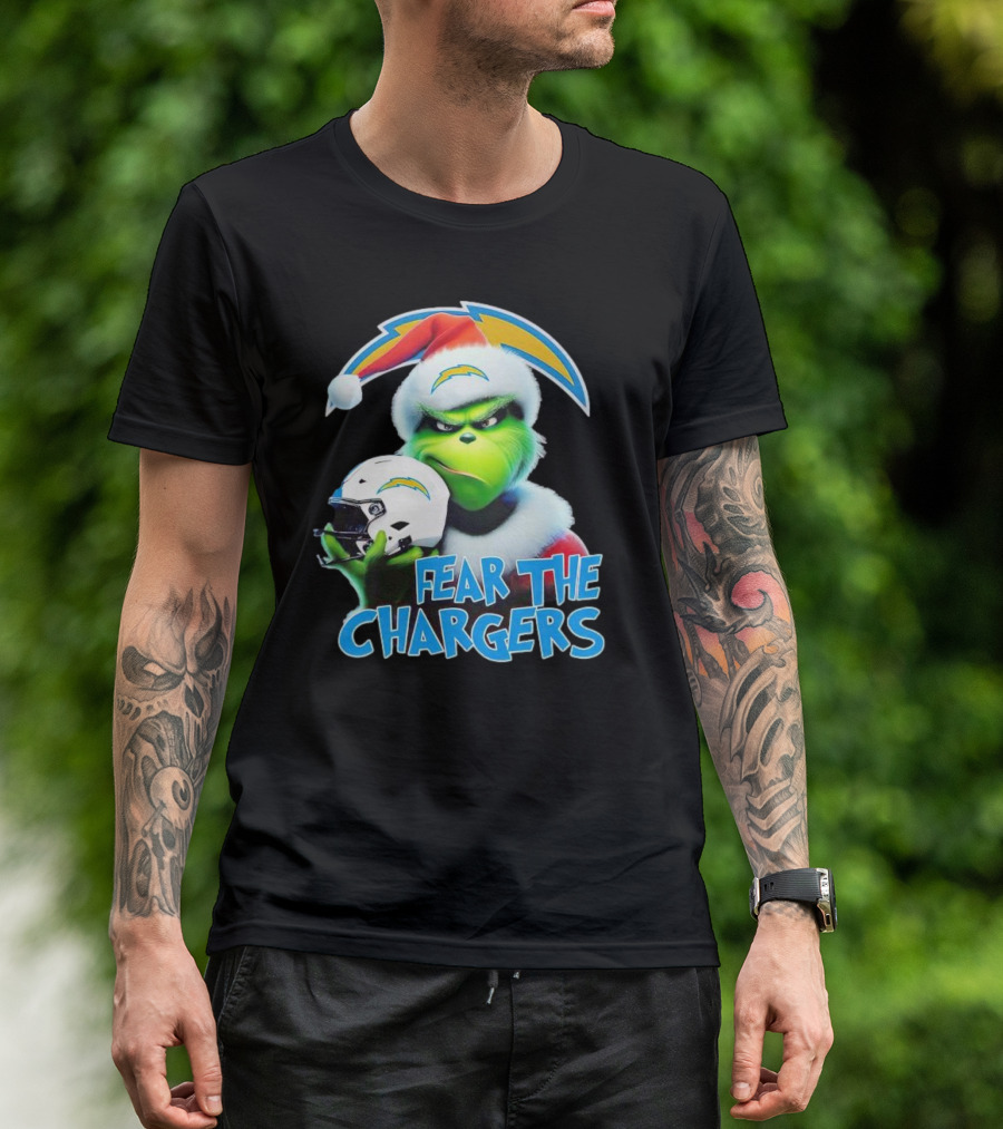 Grinch Santa Holding Los Angeles Chargers Helmet Fear The Chargers T-Shirt