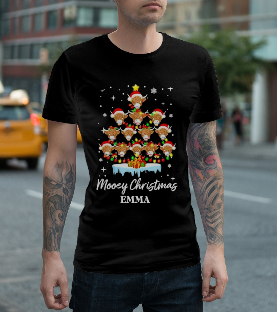 Mooey Christmas Highland Cow Tree Custom Name Emma T-Shirt