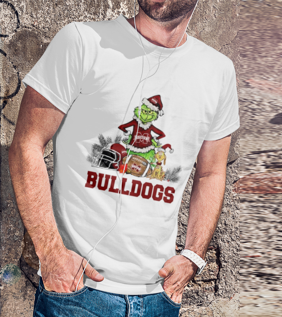 Bulldogs Grinch Max Dog Christmas Football Santa Hat T-Shirt