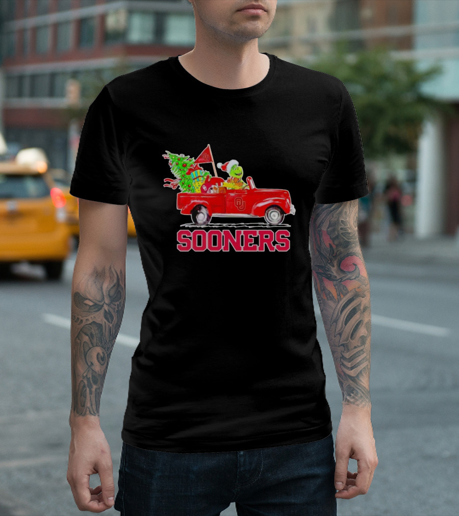 Sooners Grinch Driving Red Truck with Christmas Tree and Gifts T-Shirt