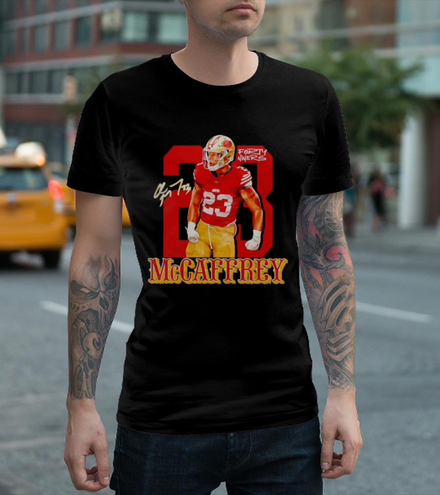 Christian McCaffrey 23 Forty Niners Red and Gold NFL Football Player T-Shirt