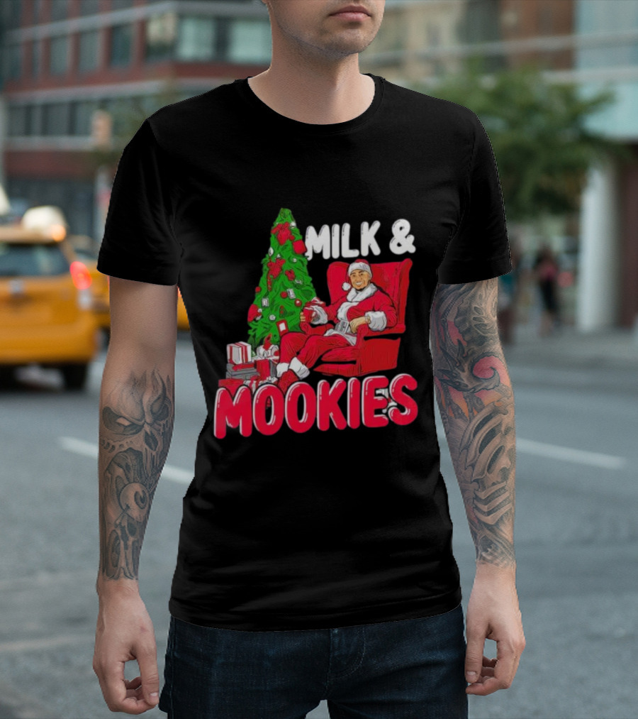 Christmas Milk and Mookies Santa by Tree T-Shirt