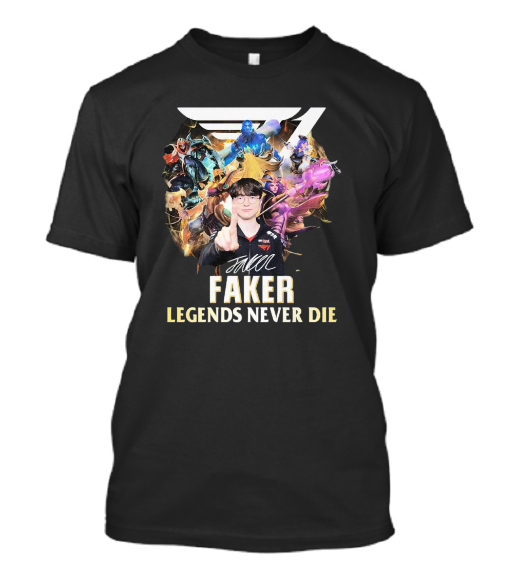 Faker Signature Legends Never Die With Iconic League Characters T-Shirt