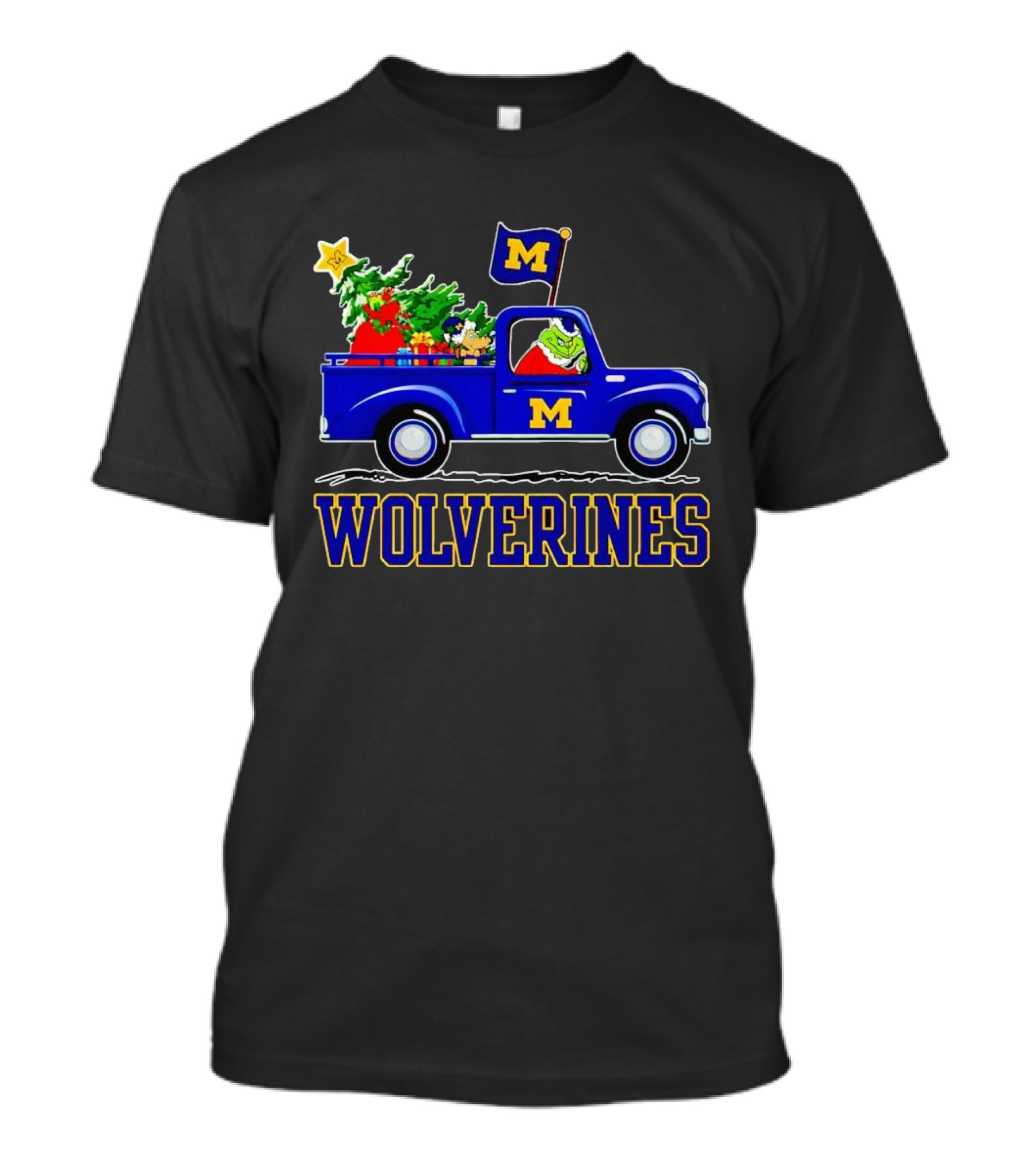 Grinch Driving Blue Wolverines Truck With Christmas Tree Michigan Football T-Shirt