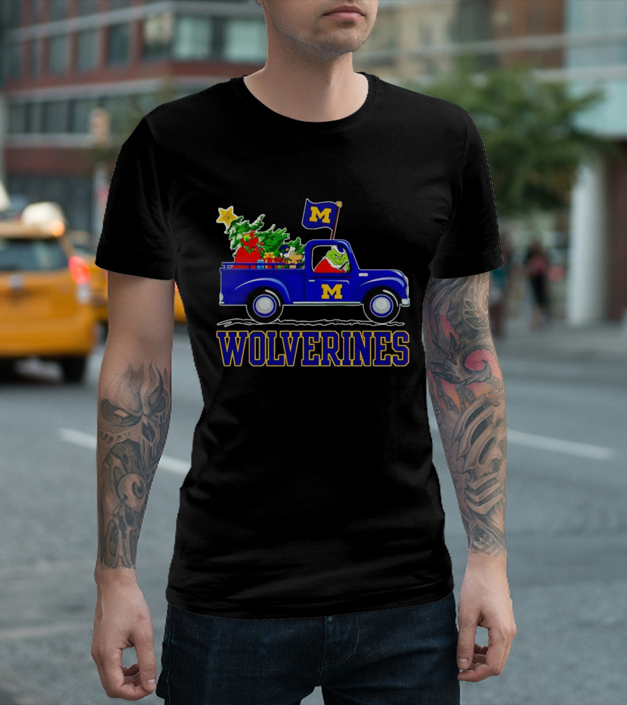 Grinch Driving Blue Wolverines Truck With Christmas Tree Michigan Football T-Shirt