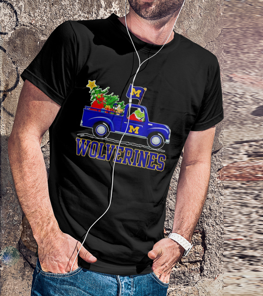 Grinch Driving Blue Wolverines Truck With Christmas Tree Michigan Football T-Shirt