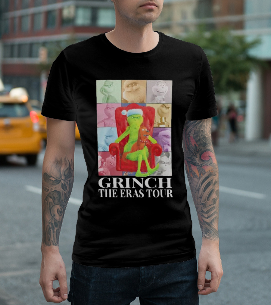 Grinch Christmas with Santa Hat Dog and Chair Icon Collage T-Shirt