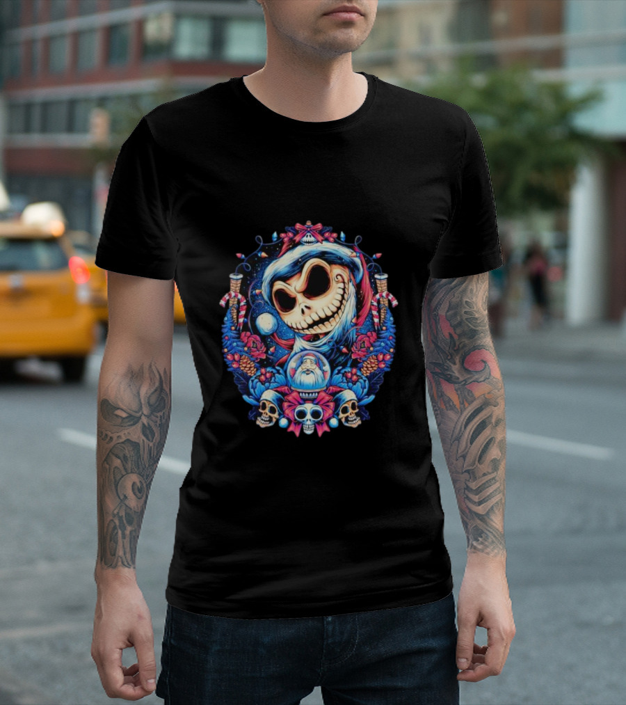 Jack Skellington Christmas Santa Skull Wreath Candy Cane Holiday T-Shirt